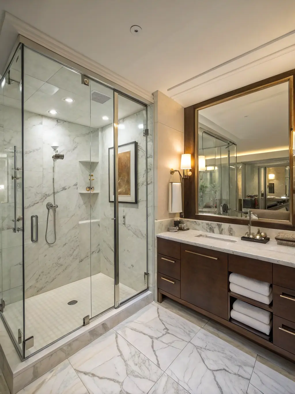 A luxurious bathroom featuring a walk-in shower, soaking tub, and elegant tile work, reflecting LeoElite Builders' commitment to quality bathroom renovations.