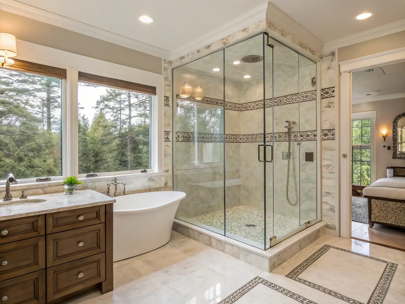 A luxurious bathroom featuring a walk-in shower, soaking tub, and elegant tile work, reflecting LeoElite Builders' attention to detail in bathroom renovations.
